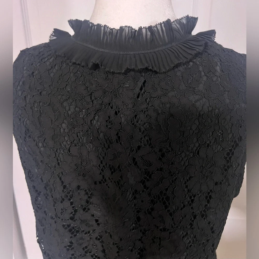 Women's J. Crew Black Lace Floral Ruffle Neck Sleeveless Blouse
